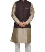 MAG Men's Copper Gold Silk Kurta White Churidhar With Pink Voilet Joot Waistcoat