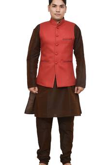 MAG Men's Brown Matching Silk Kurta Churidhar With Red Joot Waistcoat