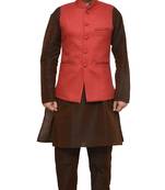 MAG Men's Brown Matching Silk Kurta Churidhar With Red Joot Waistcoat