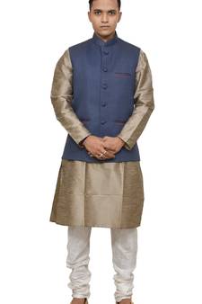 MAG Men's Copper Gold silk Kurta White Churidhar With Nevy Blue Joot Waistcoat