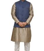 MAG Men's Copper Gold silk Kurta White Churidhar With Nevy Blue Joot Waistcoat
