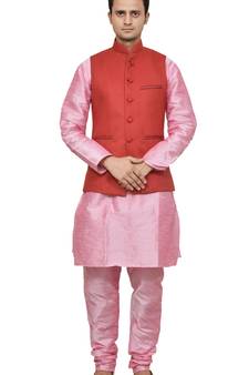 Pink Dupion Silk Plain Kurta Pajama Set with Nehru Jacket for Men