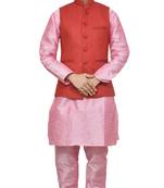 Pink Dupion Silk Plain Kurta Pajama Set with Nehru Jacket for Men