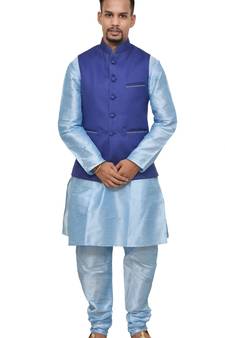 MAG Men's Sky Blue Matching silk Kurta Churidhar With Royal Blue Joot Waistcoat