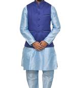 MAG Men's Sky Blue Matching silk Kurta Churidhar With Royal Blue Joot Waistcoat