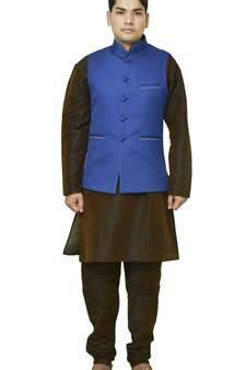 MAG Men's Brown Matching silk Kurta Churidhar With Royal Blue Joot Waistcoat