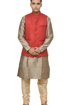 MAG Men's Copper Gold silk Kurta Gold Churidhar With Red Joot Waistcoat