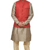 MAG Men's Copper Gold silk Kurta Gold Churidhar With Red Joot Waistcoat