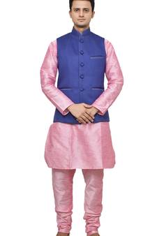 MAG Men's Pink Matching Silk Kurta Churidhar With Royal Blue Joot Waistcoat
