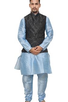 MAG Men's Sky Blue Matching silk Kurta Churidhar With Black 1st Waistcoat