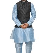 MAG Men's Sky Blue Matching silk Kurta Churidhar With Black 1st Waistcoat