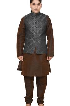 MAG Men's Brown  Matching silk Kurta Churidhar With Black 1st Waistcoat