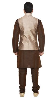 MAG Men's Brown Matching silk Kurta Churidhar With Gold Sparkle Color  Waistcoat 1