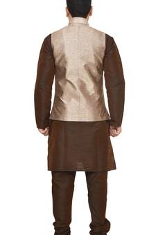 MAG Men's Brown Matching silk Kurta Churidhar With Gold Sparkle Color  Waistcoat