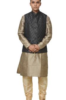 MAG Men's Copper Gold silk Kurta Gold Churidhar With Black 2nd Waistcoat