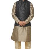 MAG Men's Copper Gold silk Kurta Gold Churidhar With Black 2nd Waistcoat