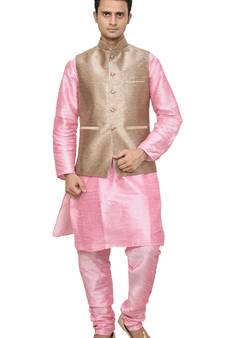 MAG Men's Pink Matching silk Kurta Churidhar With Gold Sparkle Color  Waistcoat