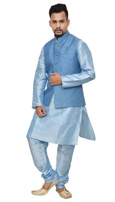 sky blue silk kurta churidhar with banarsi sky blue waistcoat 1