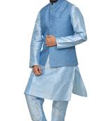 sky blue silk kurta churidhar with banarsi sky blue waistcoat