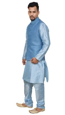 sky blue silk kurta churidhar with banarsi sky blue waistcoat 2