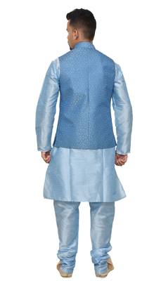 sky blue silk kurta churidhar with banarsi sky blue waistcoat 3