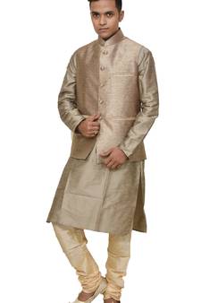 MAG Men's Copper Gold silk Kurta Gold Churidhar With Gold Sparkle Color  Waistcoat
