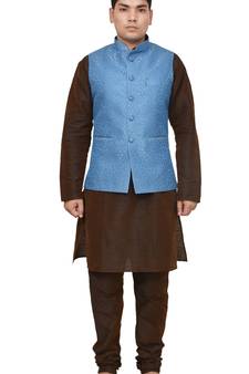 MAG Men's Brown Matching silk Kurta Churidhar With Banarsi Sky Blue Waistcoat