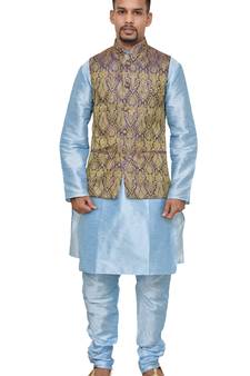 MAG Men's Sky Blue Matching silk Kurta Churidhar With Purple Waistcoat