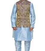 MAG Men's Sky Blue Matching silk Kurta Churidhar With Purple Waistcoat