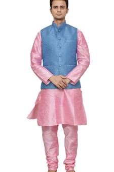 MAG Men's Pink Matching silk Kurta Churidhar With Banarsi Sky Blue Waistcoat