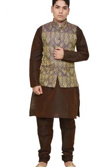 MAG Men's Brown Matching silk Kurta Churidhar With Purple Waistcoat