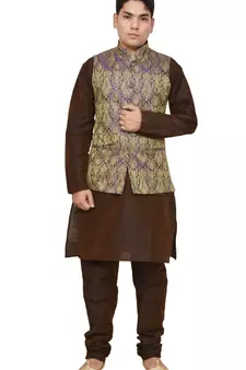 MAG Men's Brown Matching silk Kurta Churidhar With Purple Waistcoat