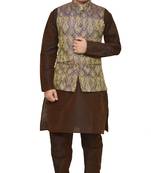 MAG Men's Brown Matching silk Kurta Churidhar With Purple Waistcoat