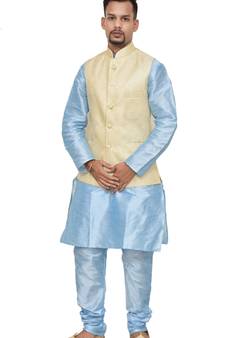 MAG Men's Sky Blue Matching silk Kurta Churidhar With New Gold Waistcoat