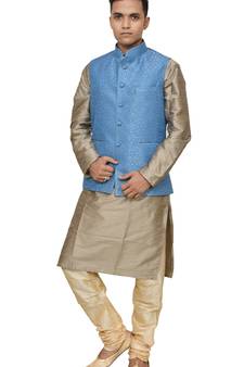 MAG Men's Copper Gold silk Kurta Gold Churidhar With Banarsi Sky Blue Waistcoat