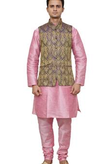 MAG Men's Pink Matching silk Kurta Churidhar With Purple Waistcoat
