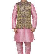 MAG Men's Pink Matching silk Kurta Churidhar With Purple Waistcoat