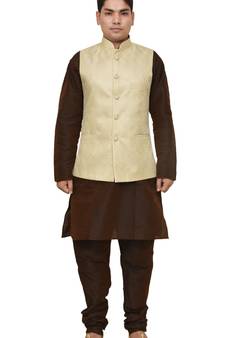 MAG Men's Brown Matching silk Kurta Churidhar With New Gold Waistcoat