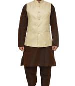 MAG Men's Brown Matching silk Kurta Churidhar With New Gold Waistcoat