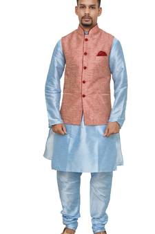 MAG Men's Sky Blue Matching silk Kurta Churidhar With Pink Waistcoat