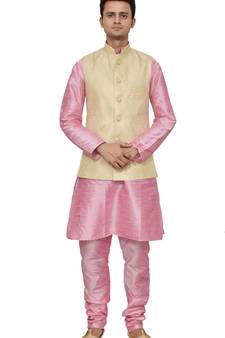 MAG Men's Pink Matching silk Kurta Churidhar With New Gold Waistcoat