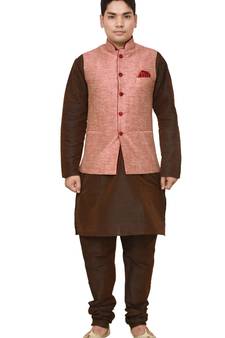 MAG Men's Brown Matching silk Kurta Churidhar With Pink Waistcoat