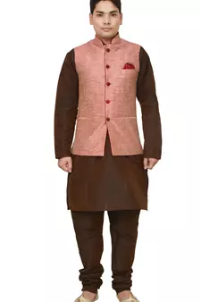 MAG Men's Brown Matching silk Kurta Churidhar With Pink Waistcoat