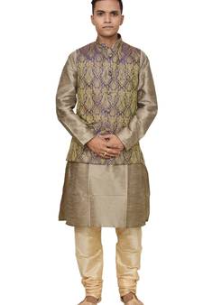 MAG Men's Copper Gold silk Kurta Gold Churidhar With Purple Waistcoat