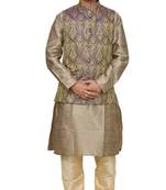 MAG Men's Copper Gold silk Kurta Gold Churidhar With Purple Waistcoat