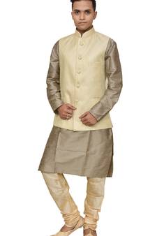 MAG Men's Copper Gold silk Kurta Gold Churidhar With New Gold Waistcoat