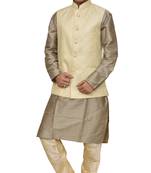 MAG Men's Copper Gold silk Kurta Gold Churidhar With New Gold Waistcoat