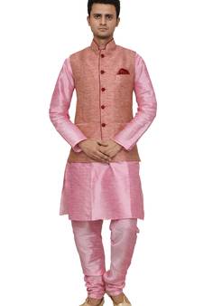 MAG Men's Pink Matching silk Kurta Churidhar With Pink Waistcoat