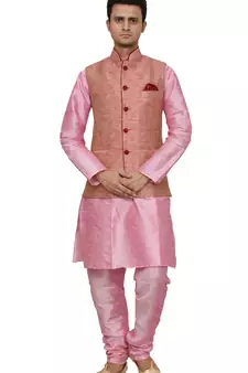 MAG Men's Pink Matching silk Kurta Churidhar With Pink Waistcoat