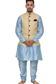 MAG Men's Sky Blue Matching silk Kurta Churidhar With Gold Waistcoat